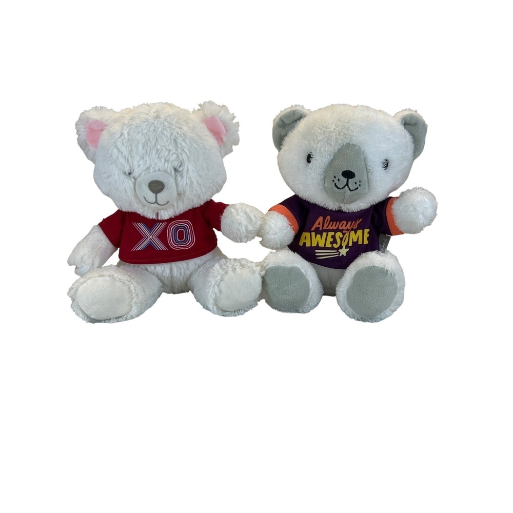 Hallmark 9" Plush Teddy Bears Set of 2 White Bears Shirts XO Always Awesome
